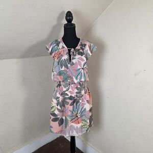 Parker Pink and Green Leaf Print Mini Dress